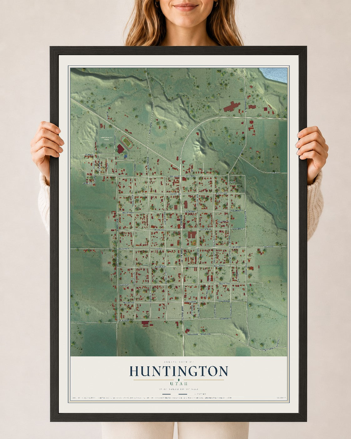 Map of Huntington, Utah, 24 x 36 inch print in a black wood frame