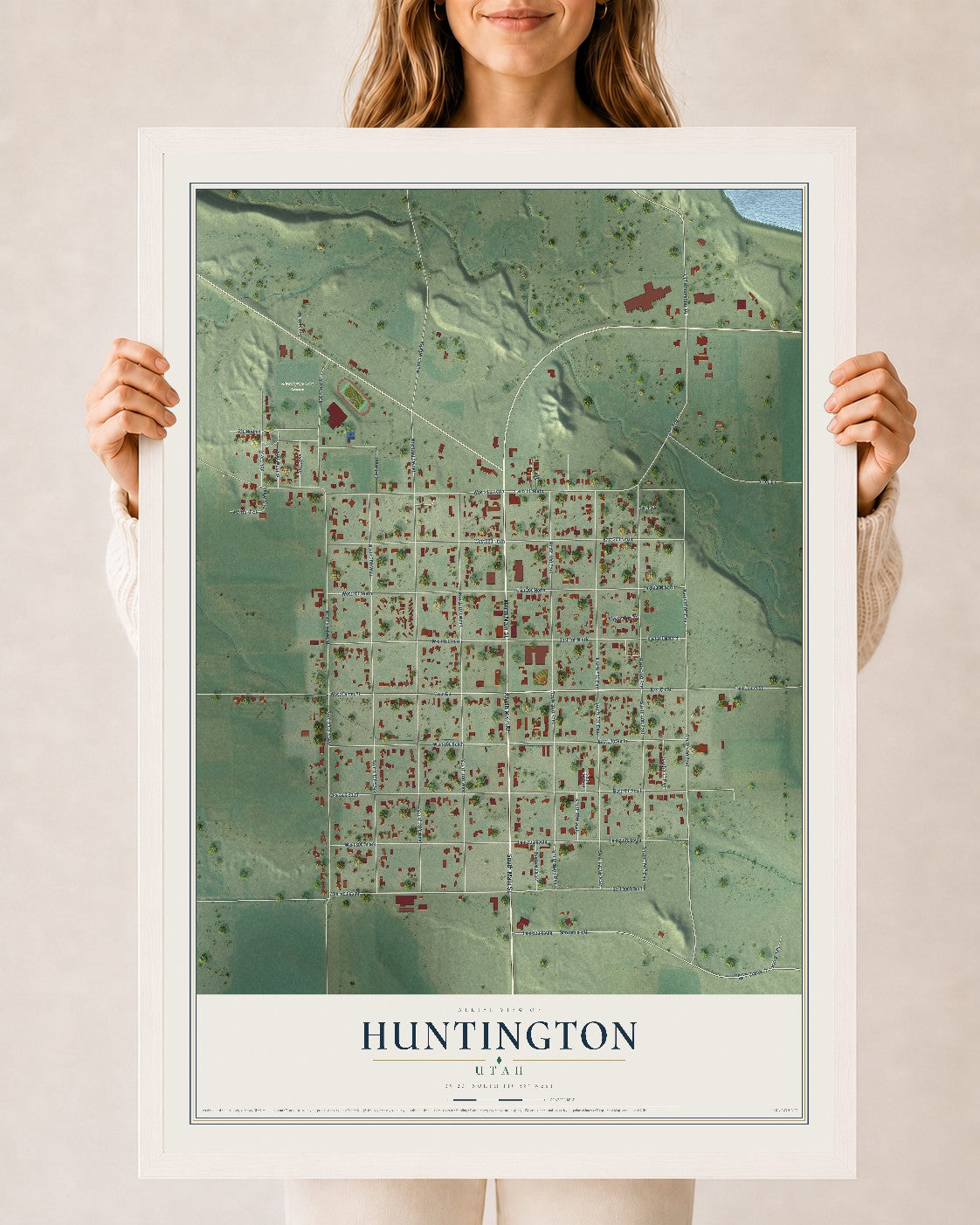 Map of Huntington, Utah, 24 x 36 inch print in a white wood frame