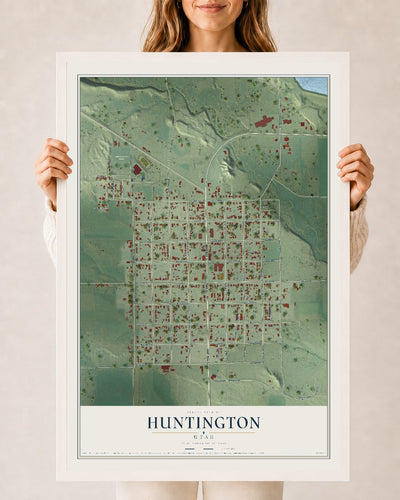Map of Huntington, Utah, 24 x 36 inch print in a white wood frame