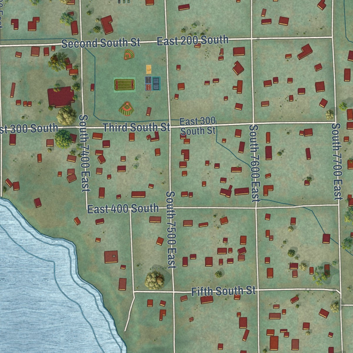 Second close-up of the map of Huntsville, Utah print showing more streets and buildings