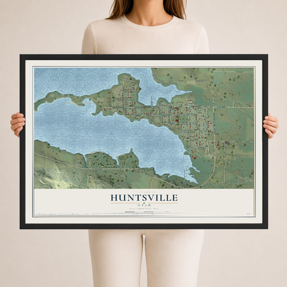 Map of Huntsville, Utah, 24 x 36 inch print in a black wood frame