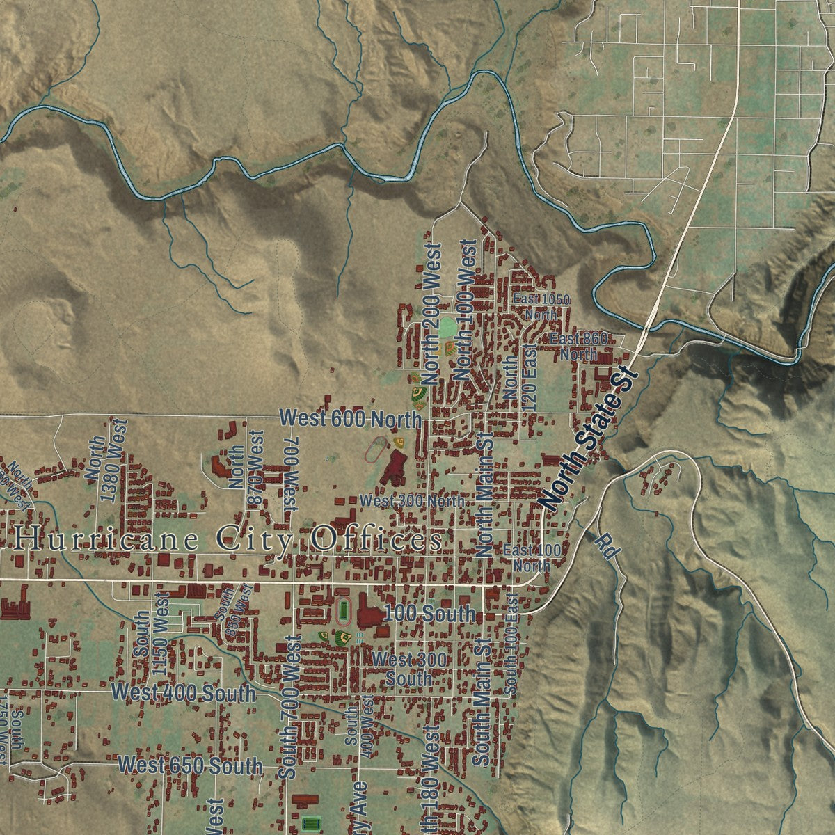 Close-up of the map of Hurricane, Utah print showing street and building detail