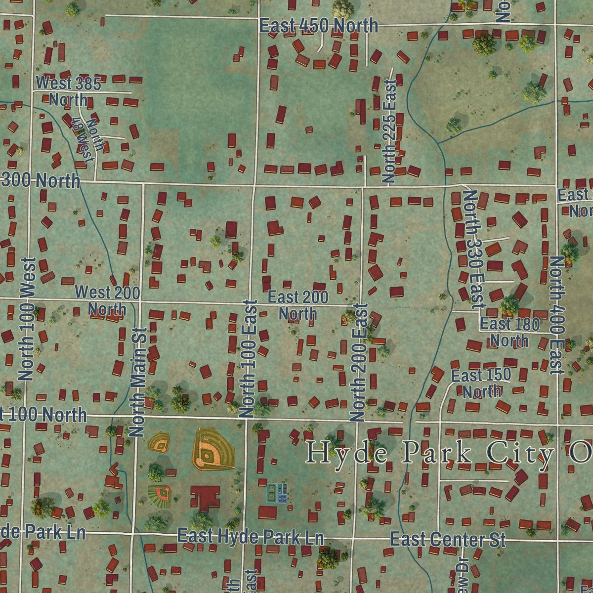 Close-up of the map of Hyde Park, Utah print showing street and building detail