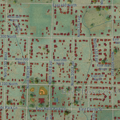 Close-up of the map of Hyde Park, Utah print showing street and building detail