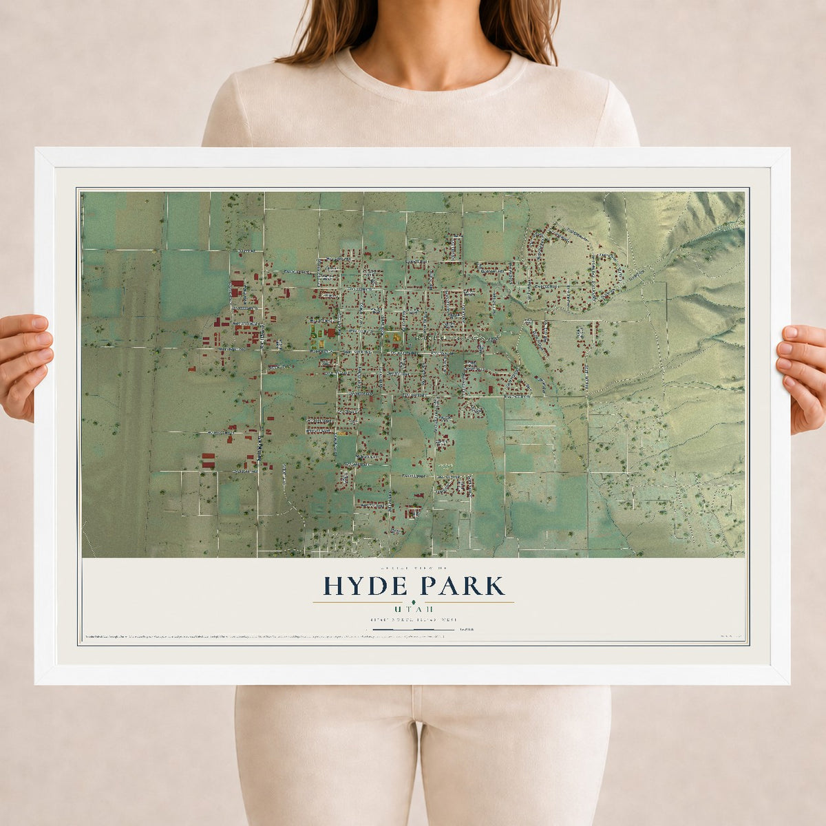 Map of Hyde Park, Utah, 18 x 24 inch print in a white wood frame