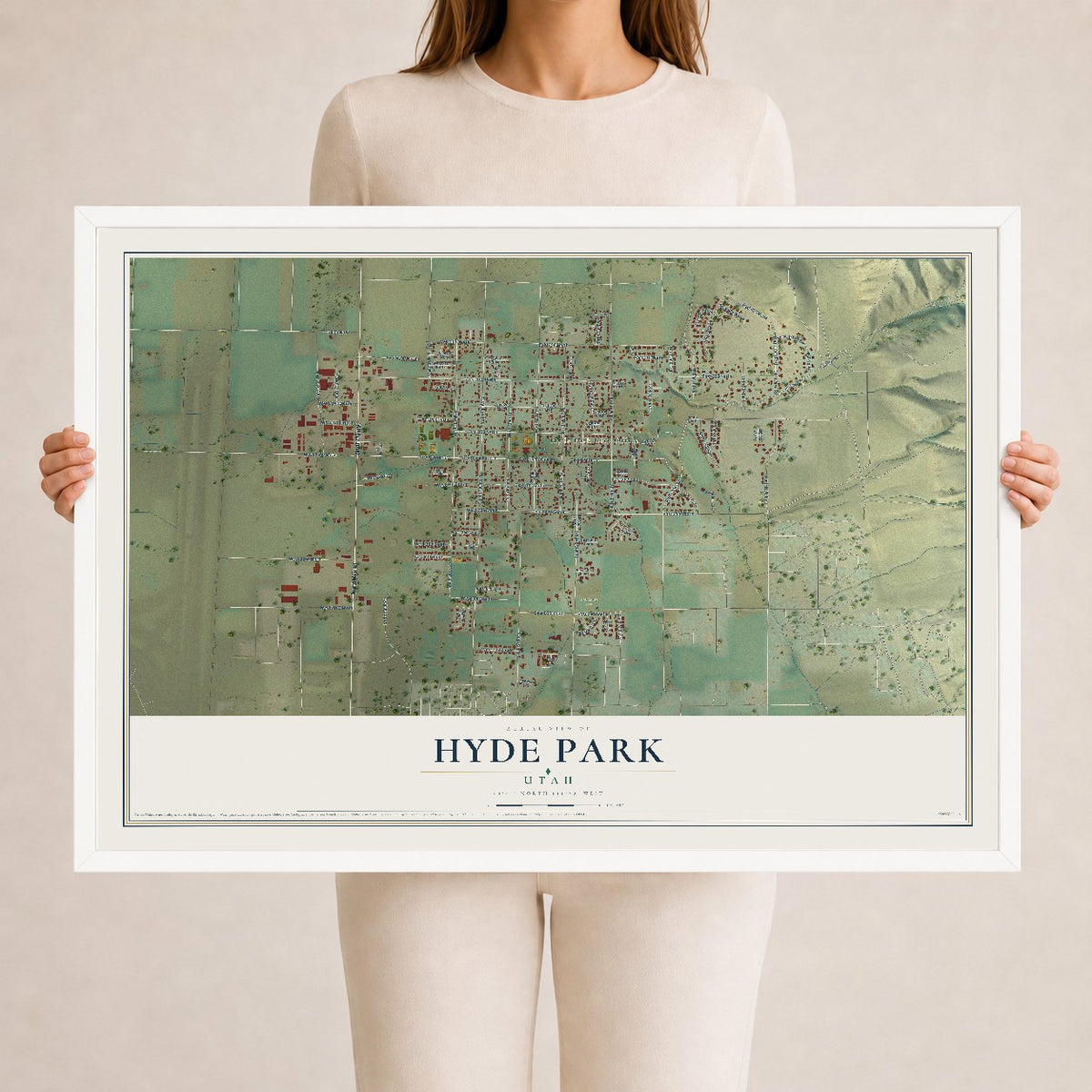 Map of Hyde Park, Utah, 24 x 36 inch print in a white wood frame