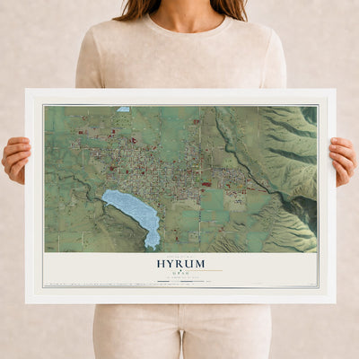 Map of Hyrum, Utah, 12 x 18 inch print in a white wood frame