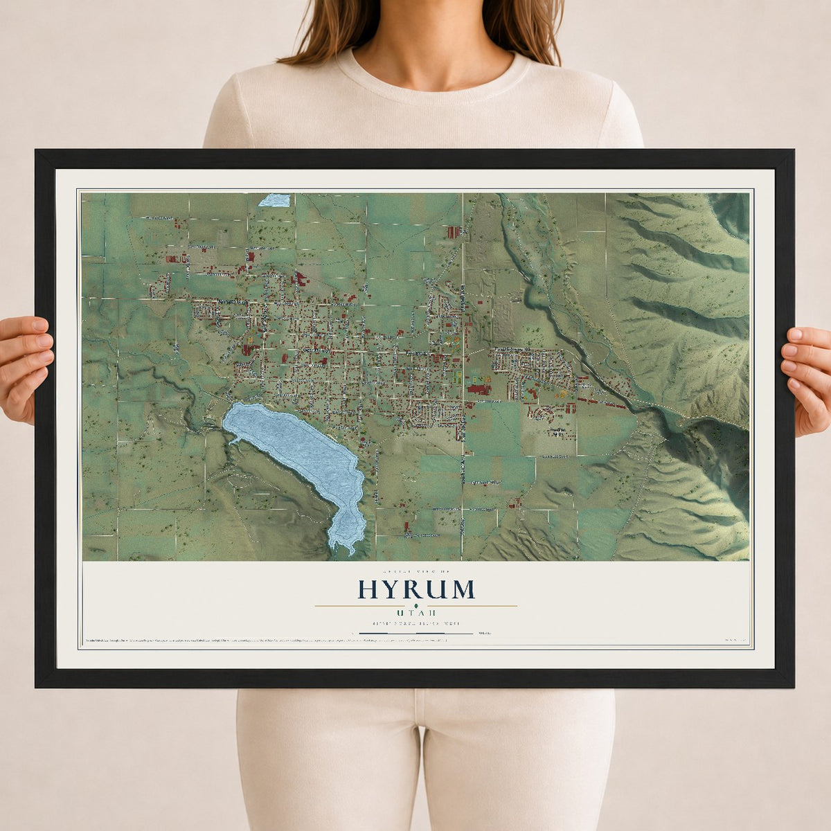 Map of Hyrum, Utah, 18 x 24 inch print in a black wood frame