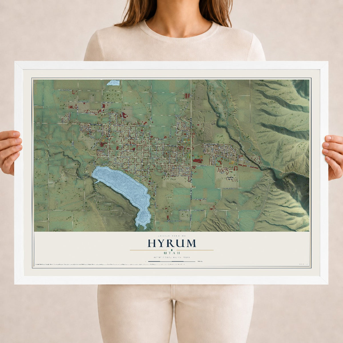 Map of Hyrum, Utah, 18 x 24 inch print in a white wood frame