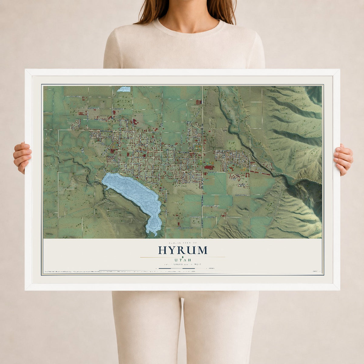 Map of Hyrum, Utah, 24 x 36 inch print in a white wood frame