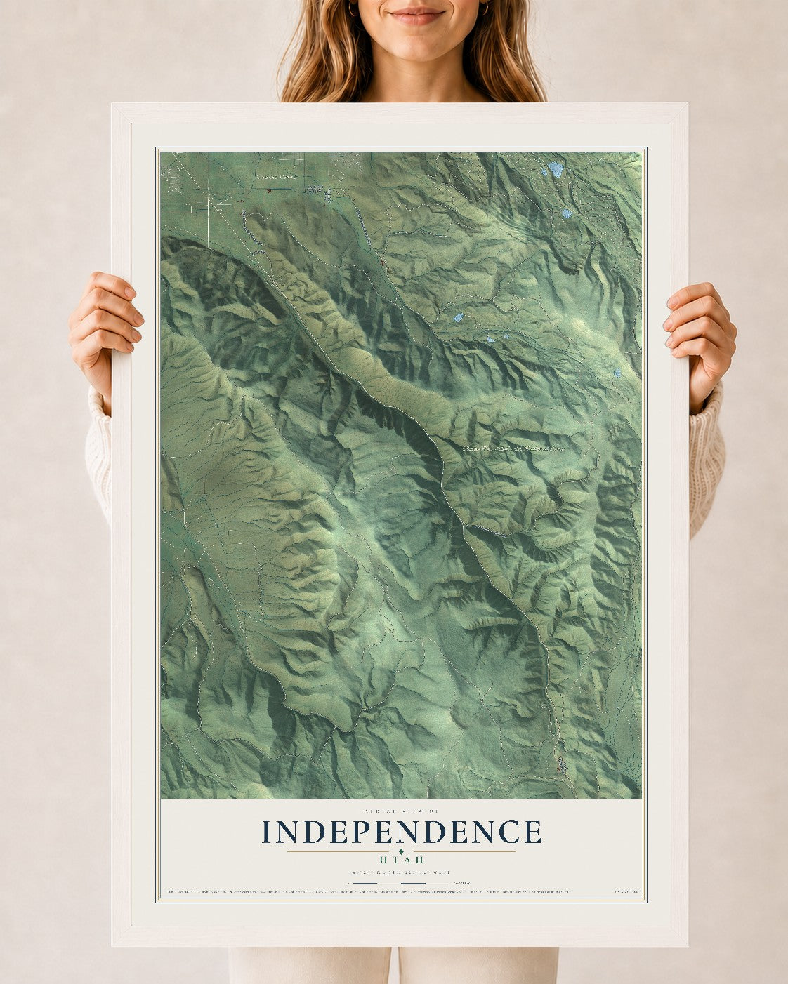 Map of Independence, Utah, 24 x 36 inch print in a white wood frame