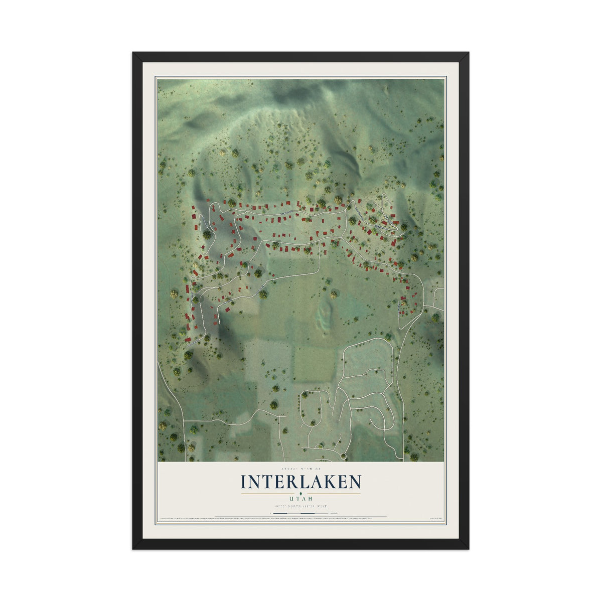 Map of Interlaken, Utah, 12 x 18 inch print in a black wood frame