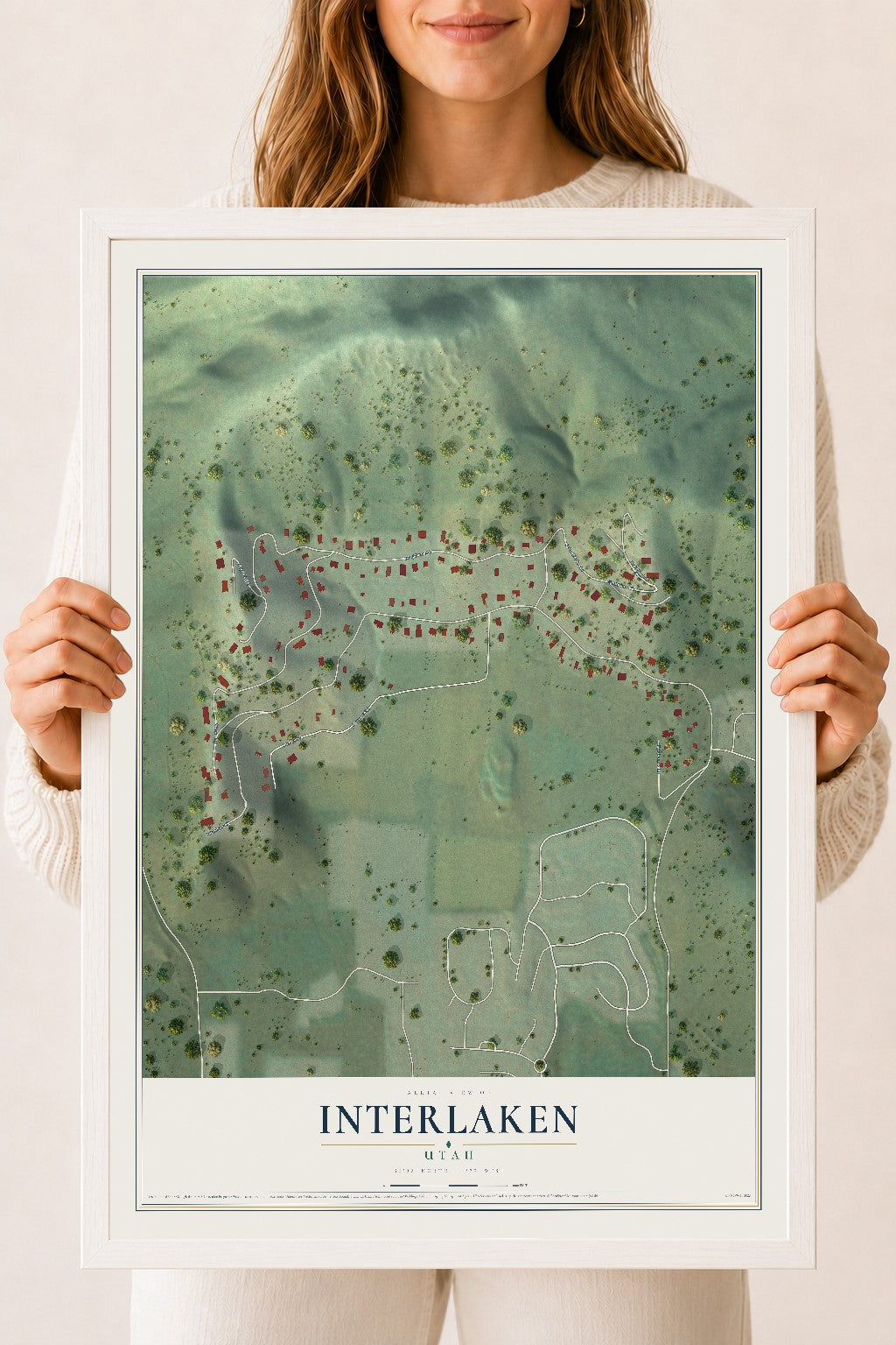 Map of Interlaken, Utah, 18 x 24 inch print in a white wood frame