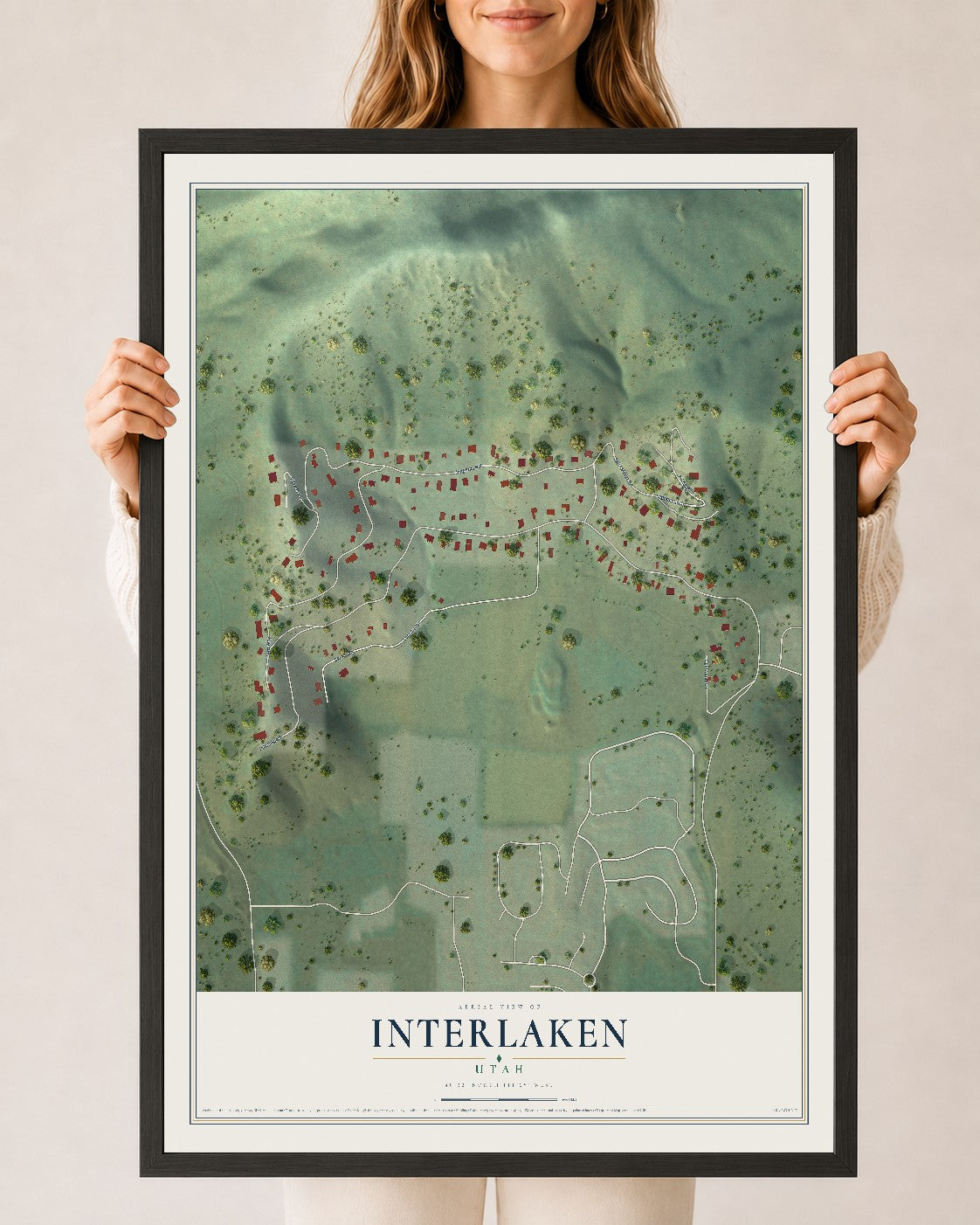 Map of Interlaken, Utah, 24 x 36 inch print in a black wood frame