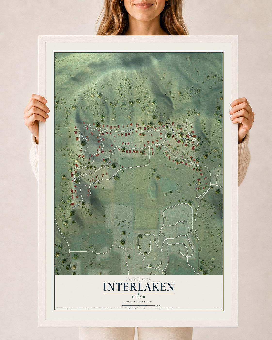 Map of Interlaken, Utah, 24 x 36 inch print in a white wood frame