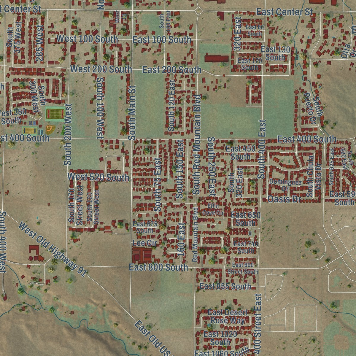 Close-up of the map of Ivins, Utah print showing street and building detail