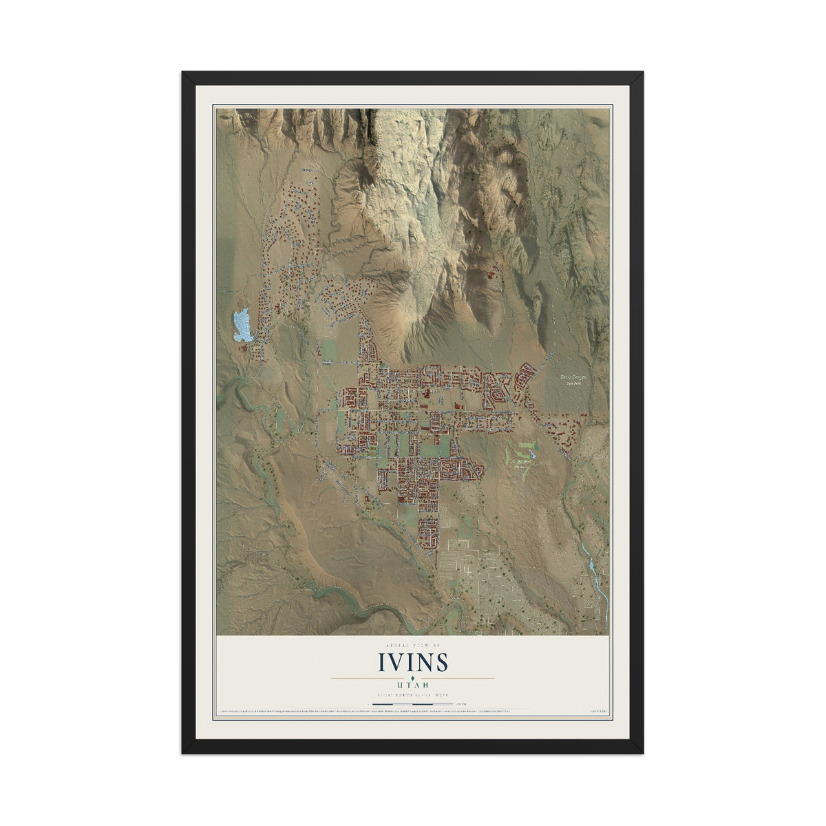 Map of Ivins, Utah, 12 x 18 inch print in a black wood frame