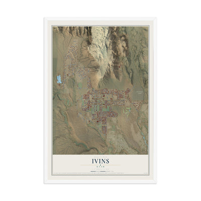 Map of Ivins, Utah, 12 x 18 inch print in a white wood frame