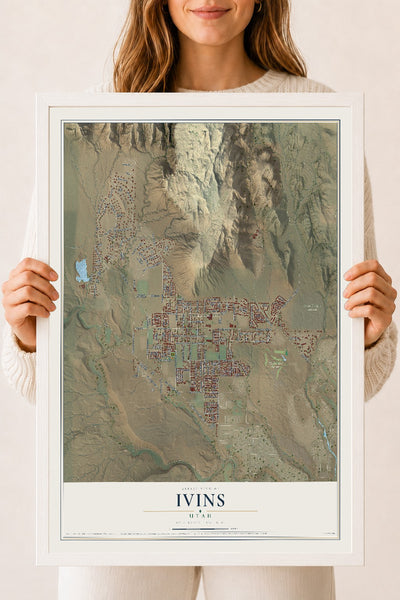 Map of Ivins, Utah, 18 x 24 inch print in a white wood frame