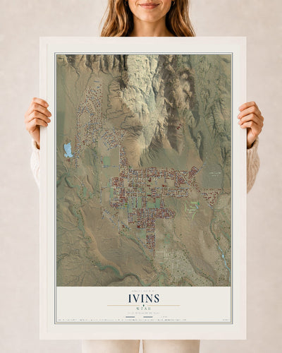 Map of Ivins, Utah, 24 x 36 inch print in a white wood frame