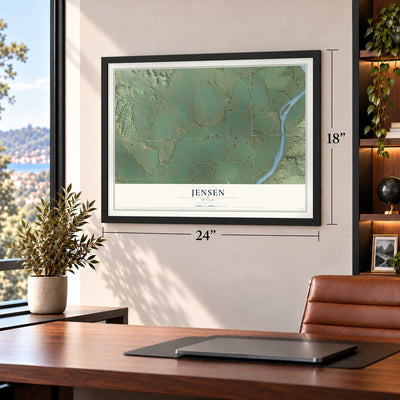 Jensen, Utah map, 18 x 24 inch print in a black frame in a home office