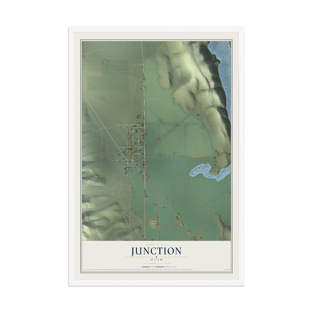 Map of Junction, Utah, 12 x 18 inch print in a white wood frame