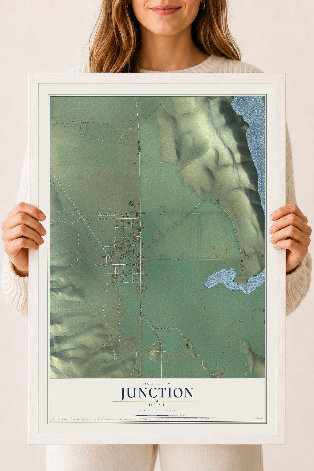 Map of Junction, Utah, 18 x 24 inch print in a white wood frame