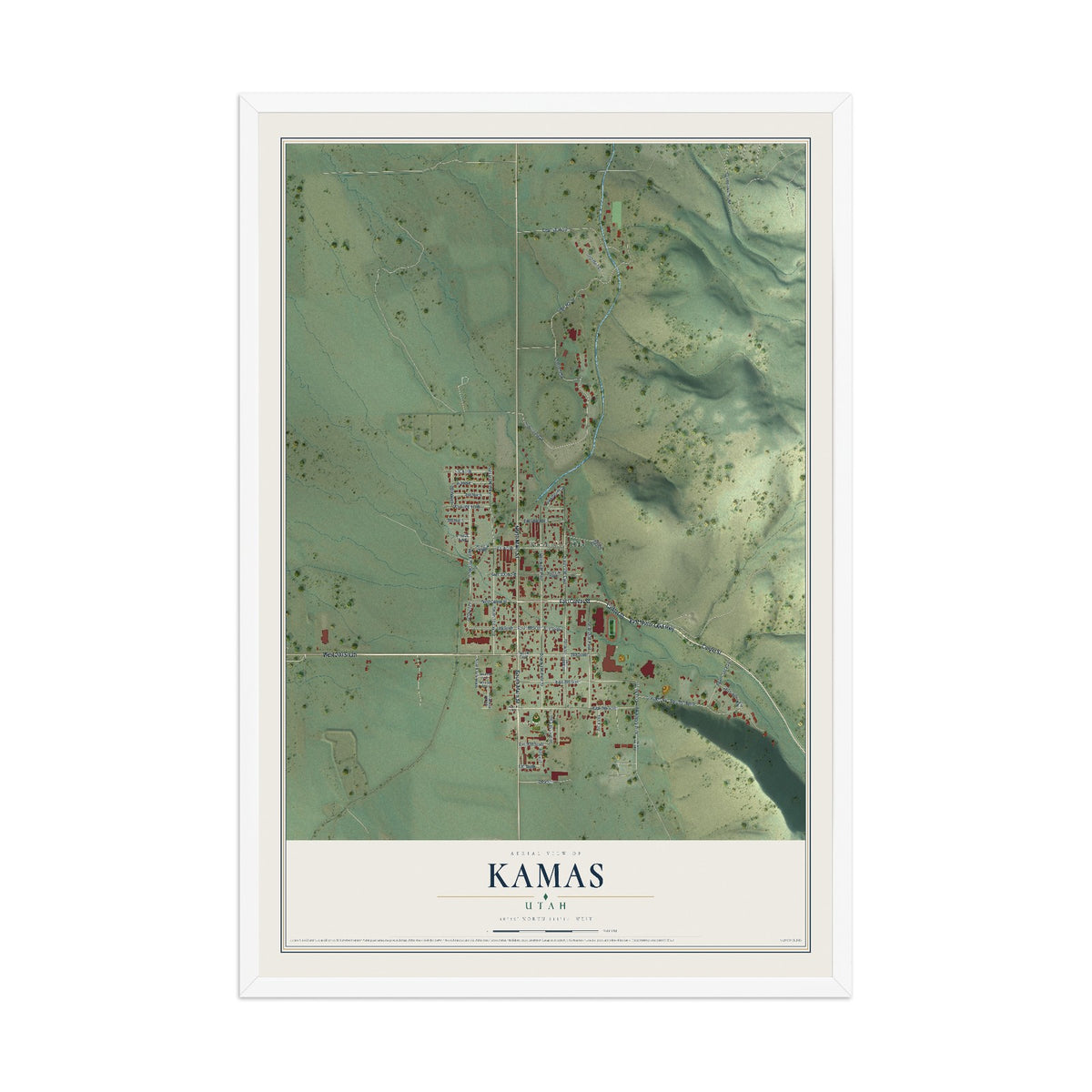 Map of Kamas, Utah, 12 x 18 inch print in a white wood frame