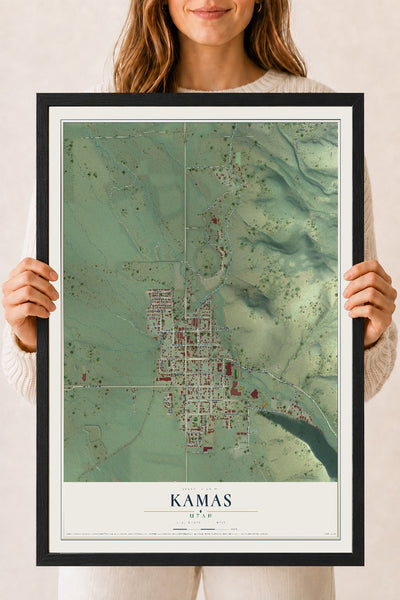 Map of Kamas, Utah, 18 x 24 inch print in a black wood frame