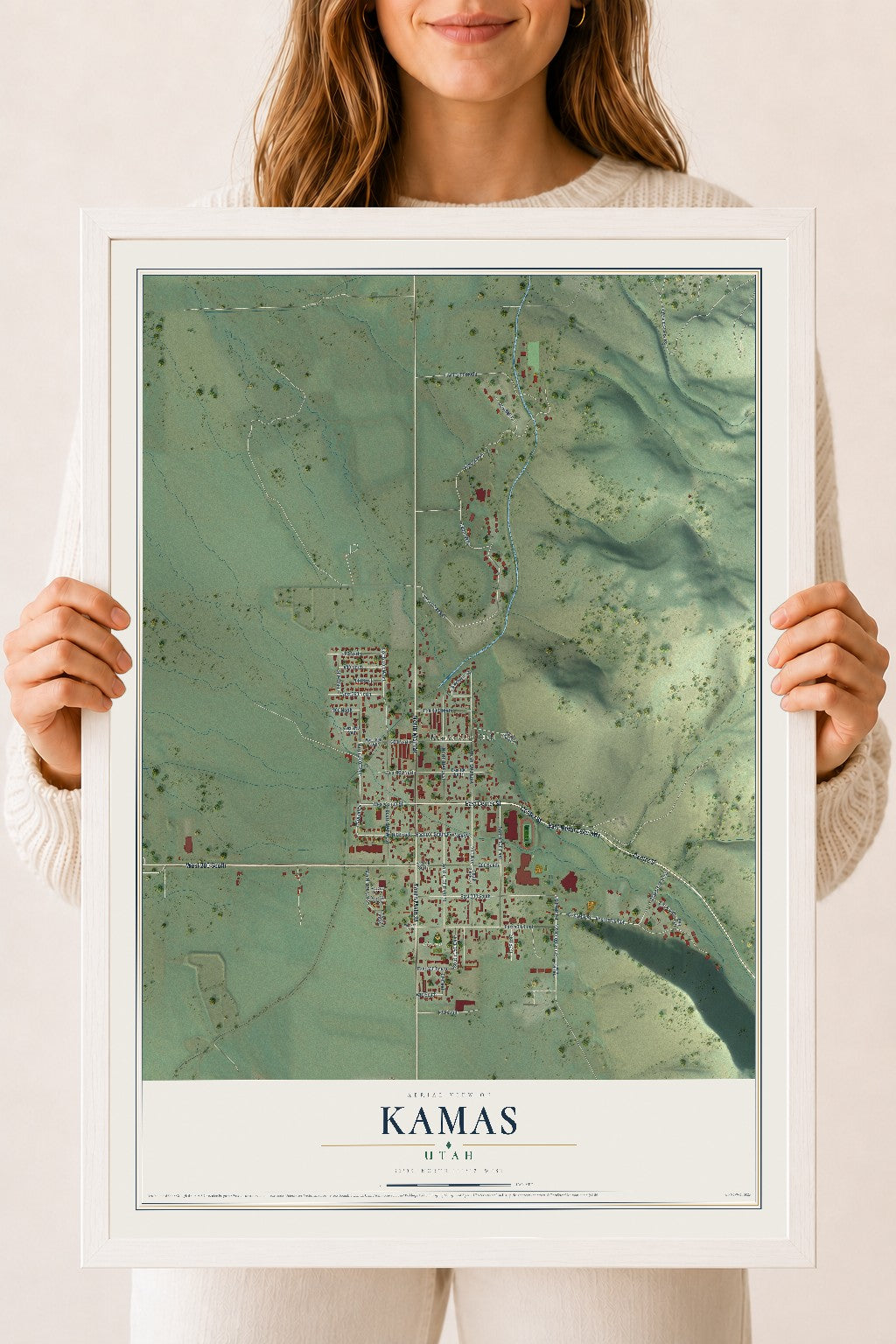 Map of Kamas, Utah, 18 x 24 inch print in a white wood frame