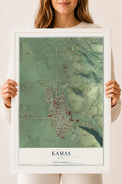 Map of Kamas, Utah, 18 x 24 inch print in a white wood frame