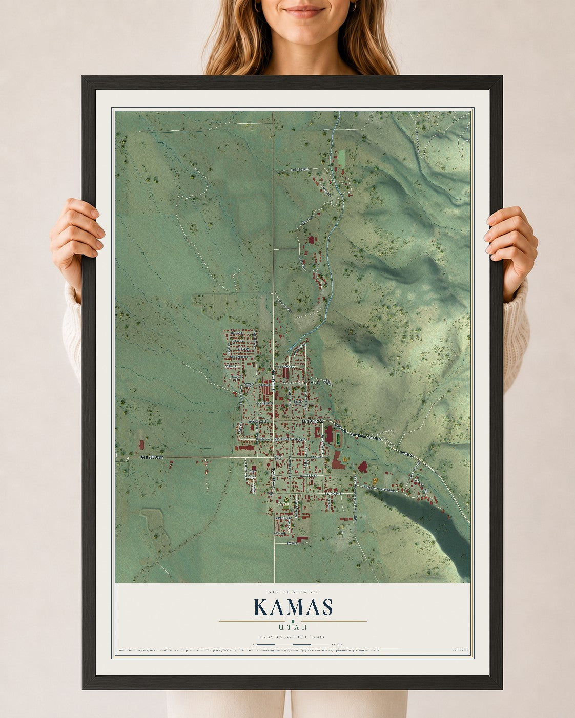 Map of Kamas, Utah, 24 x 36 inch print in a black wood frame