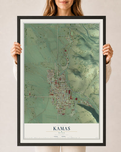Map of Kamas, Utah, 24 x 36 inch print in a black wood frame