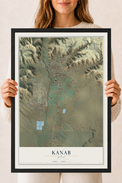 Map of Kanab, Utah, 18 x 24 inch print in a black wood frame