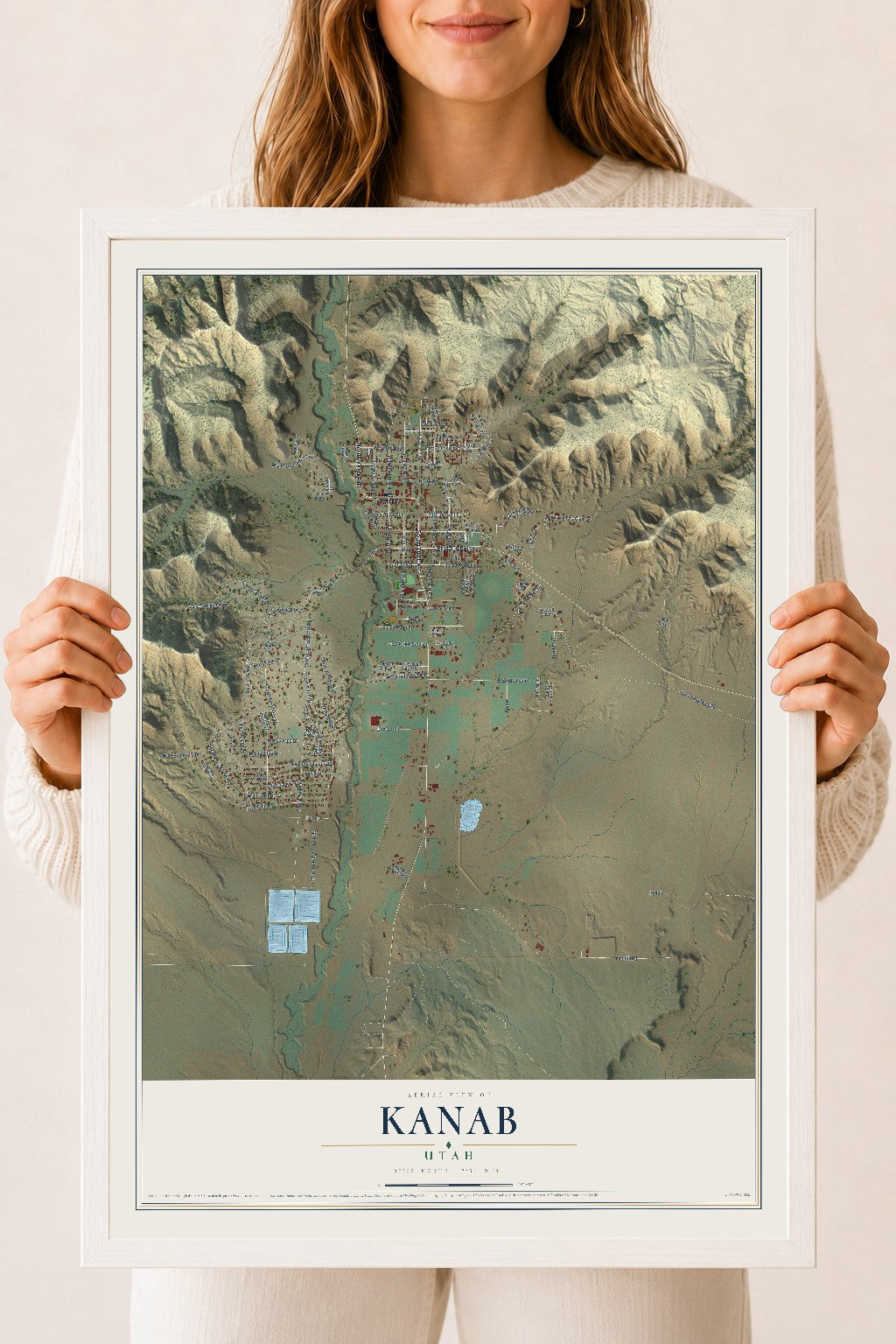 Map of Kanab, Utah, 18 x 24 inch print in a white wood frame