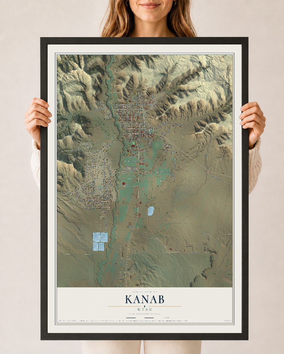 Map of Kanab, Utah, 24 x 36 inch print in a black wood frame