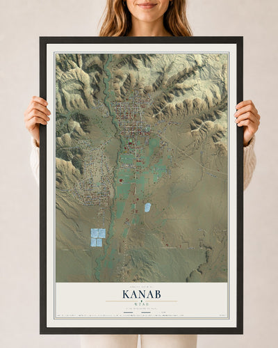 Map of Kanab, Utah, 24 x 36 inch print in a black wood frame