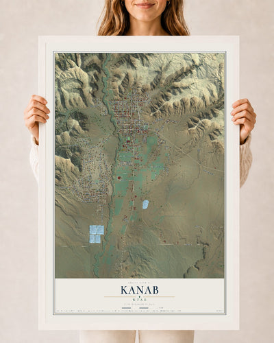 Map of Kanab, Utah, 24 x 36 inch print in a white wood frame