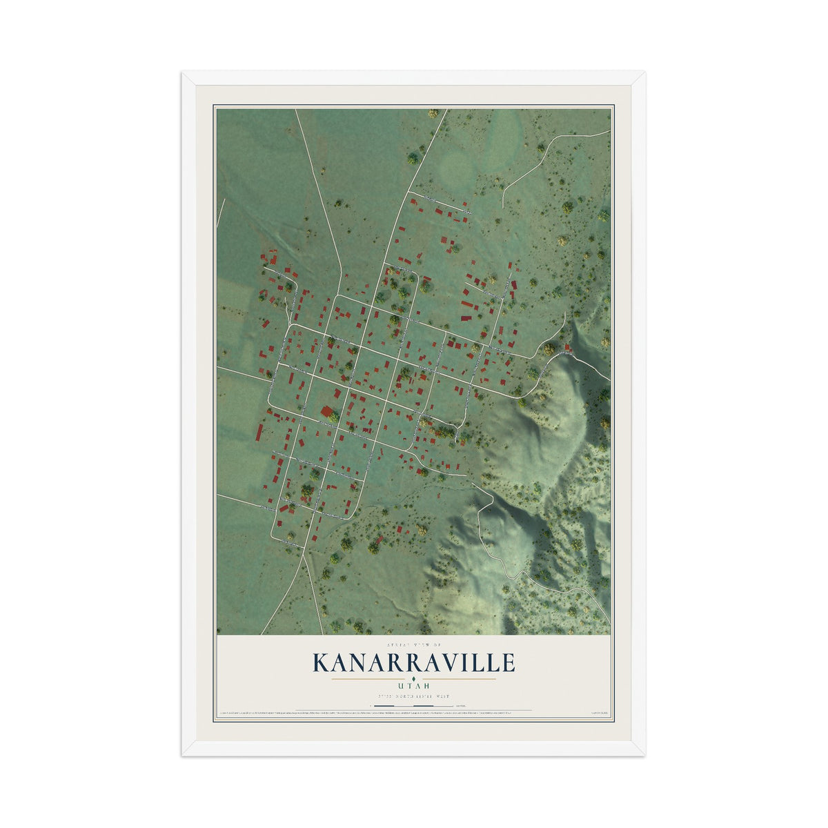Map of Kanarraville, Utah, 12 x 18 inch print in a white wood frame