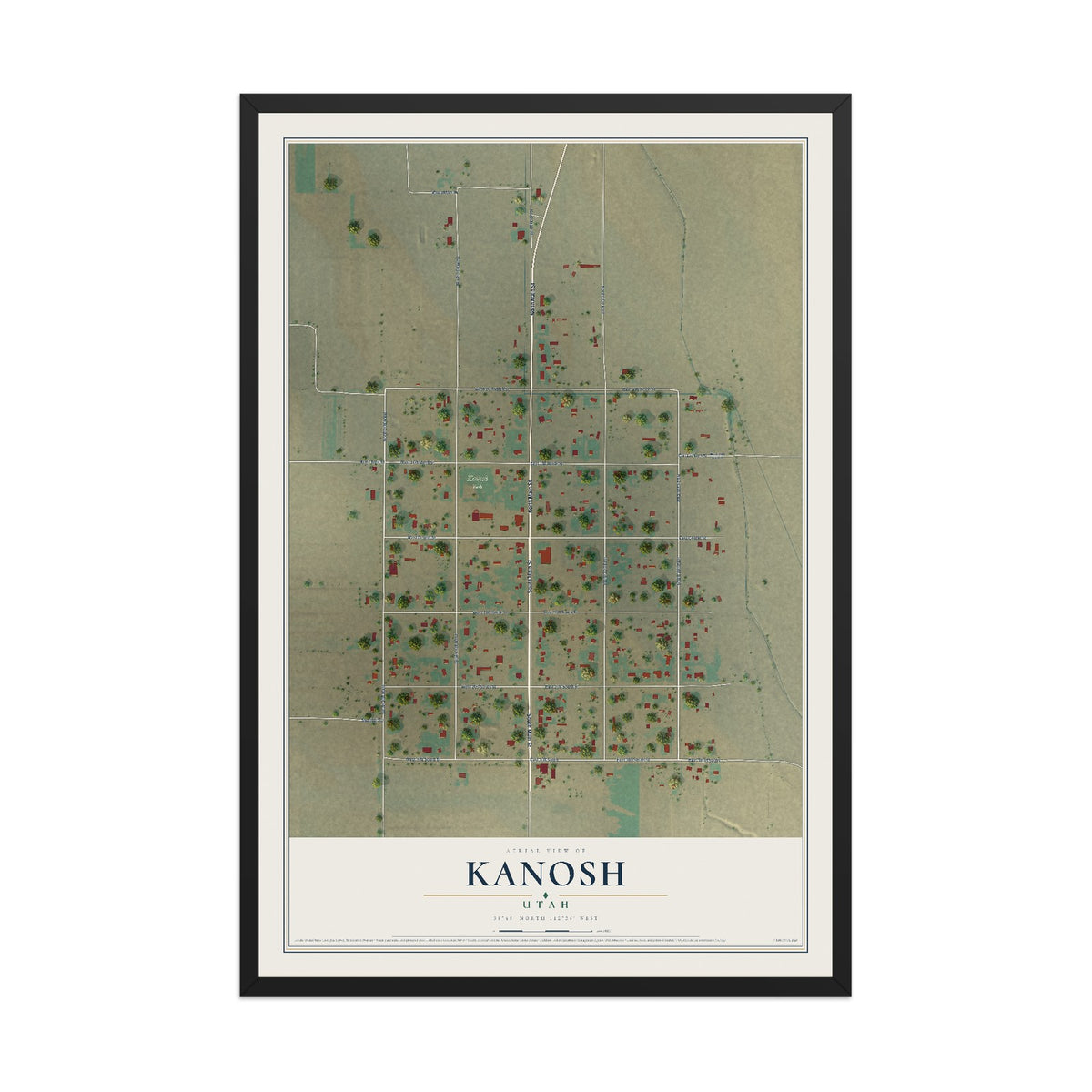 Map of Kanosh, Utah, 12 x 18 inch print in a black wood frame