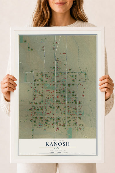 Map of Kanosh, Utah, 18 x 24 inch print in a white wood frame