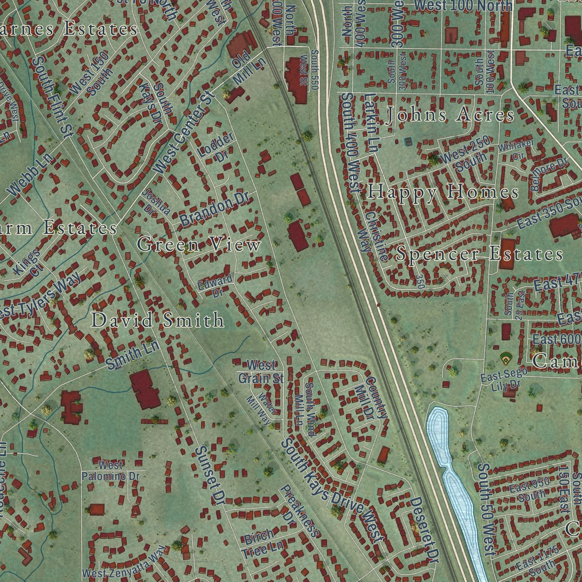 Close-up of the map of Kaysville, Utah print showing street and building detail