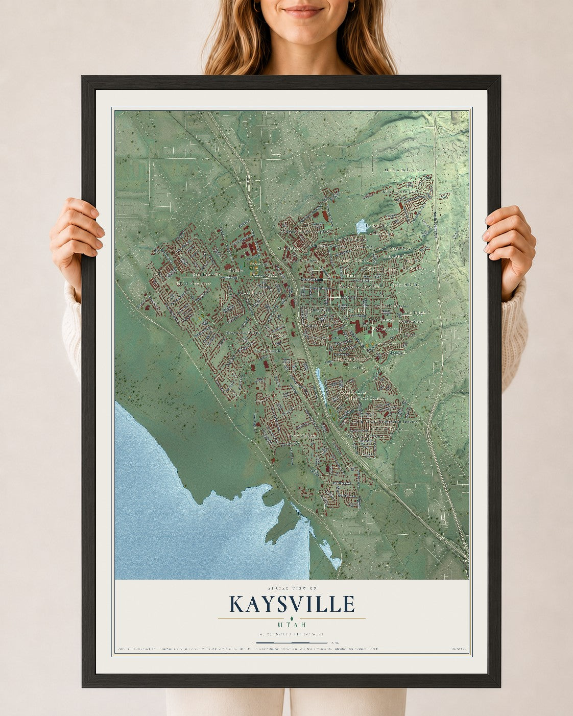Map of Kaysville, Utah, 24 x 36 inch print in a black wood frame