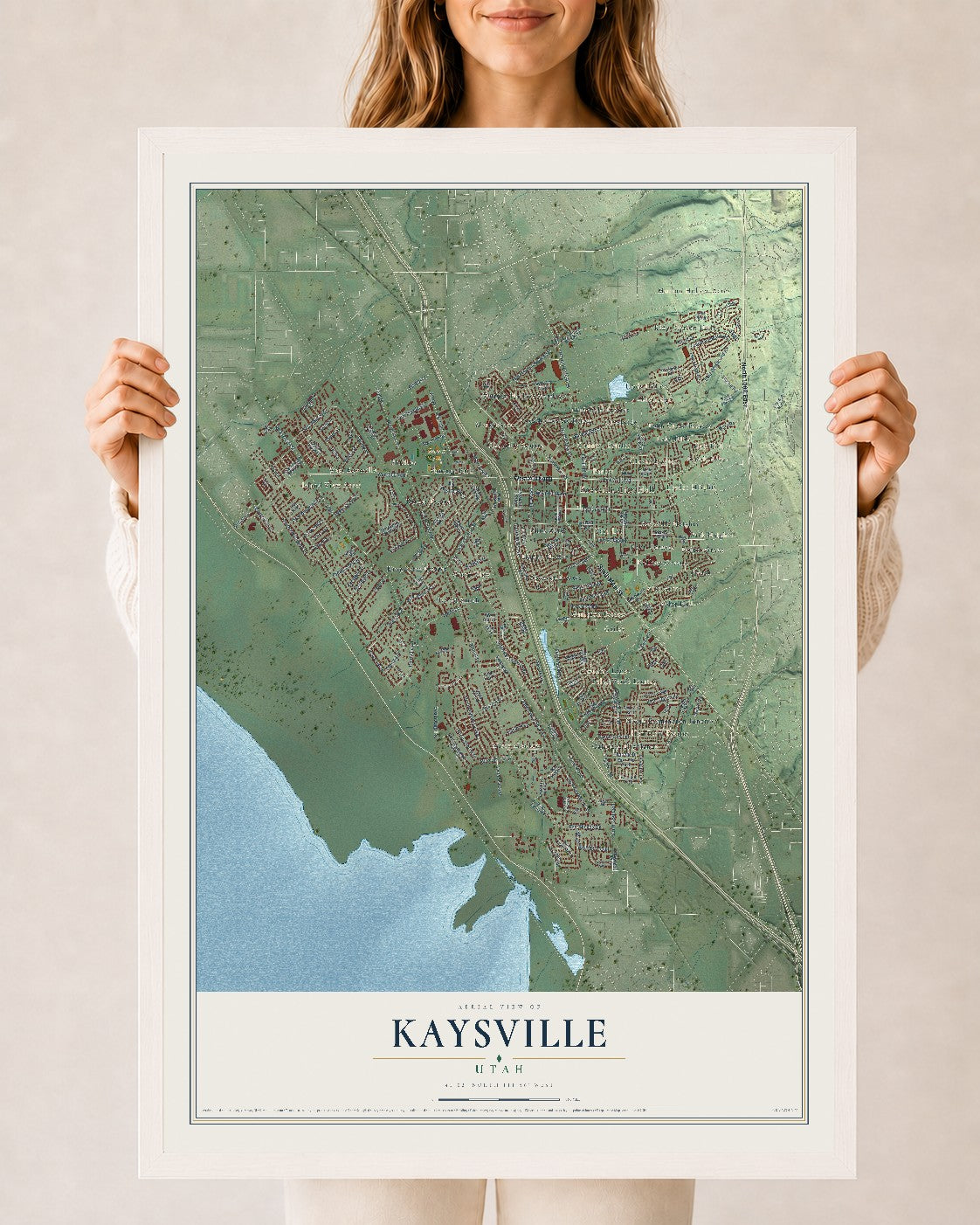 Map of Kaysville, Utah, 24 x 36 inch print in a white wood frame