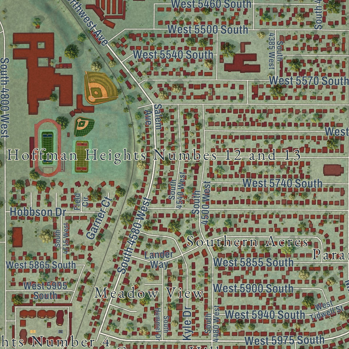 Second close-up of the map of Kearns, Utah print showing more streets and buildings