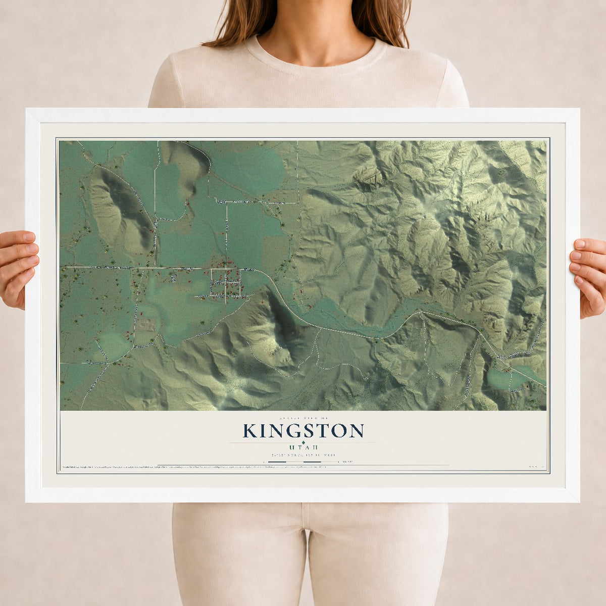 Map of Kingston, Utah, 18 x 24 inch print in a white wood frame