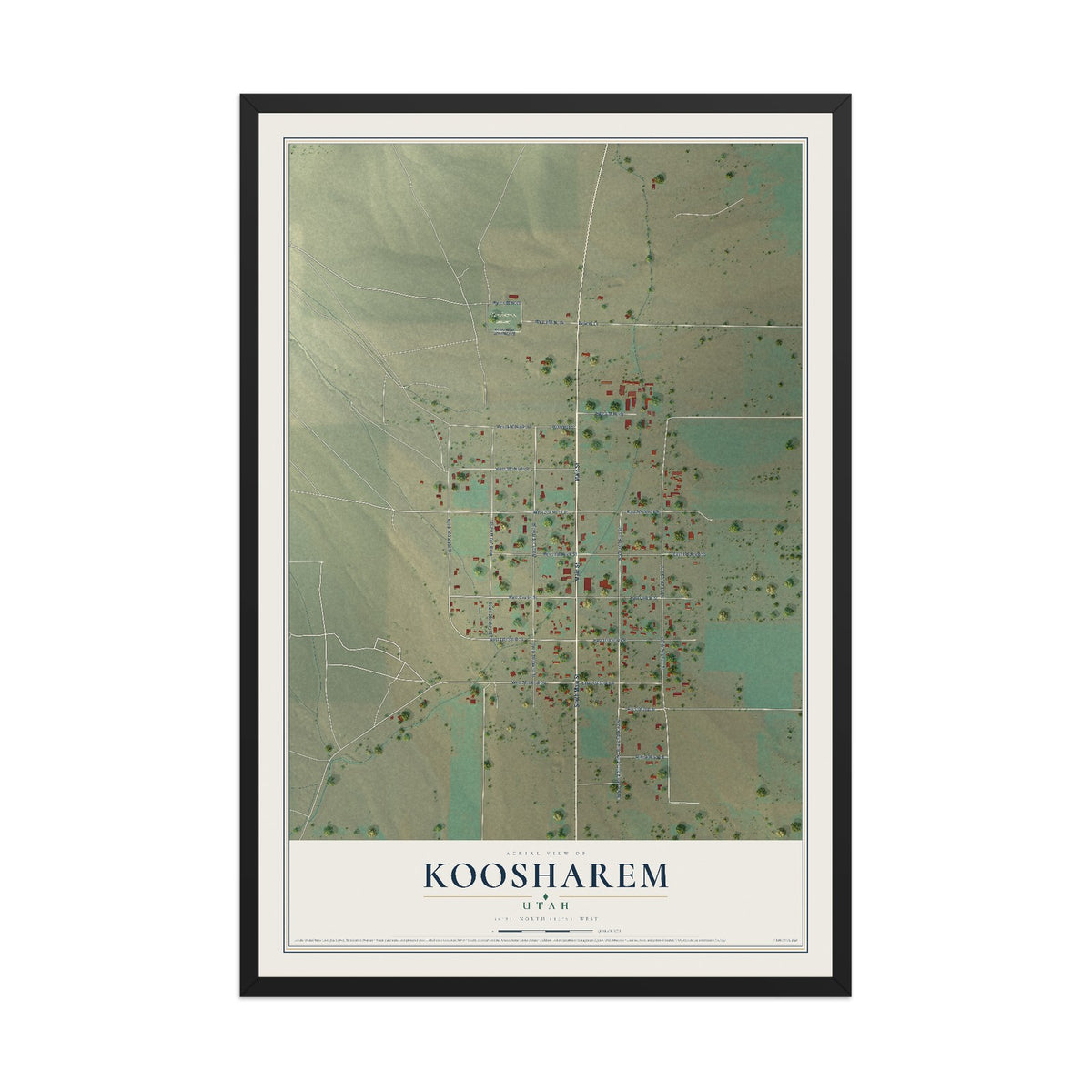 Map of Koosharem, Utah, 12 x 18 inch print in a black wood frame