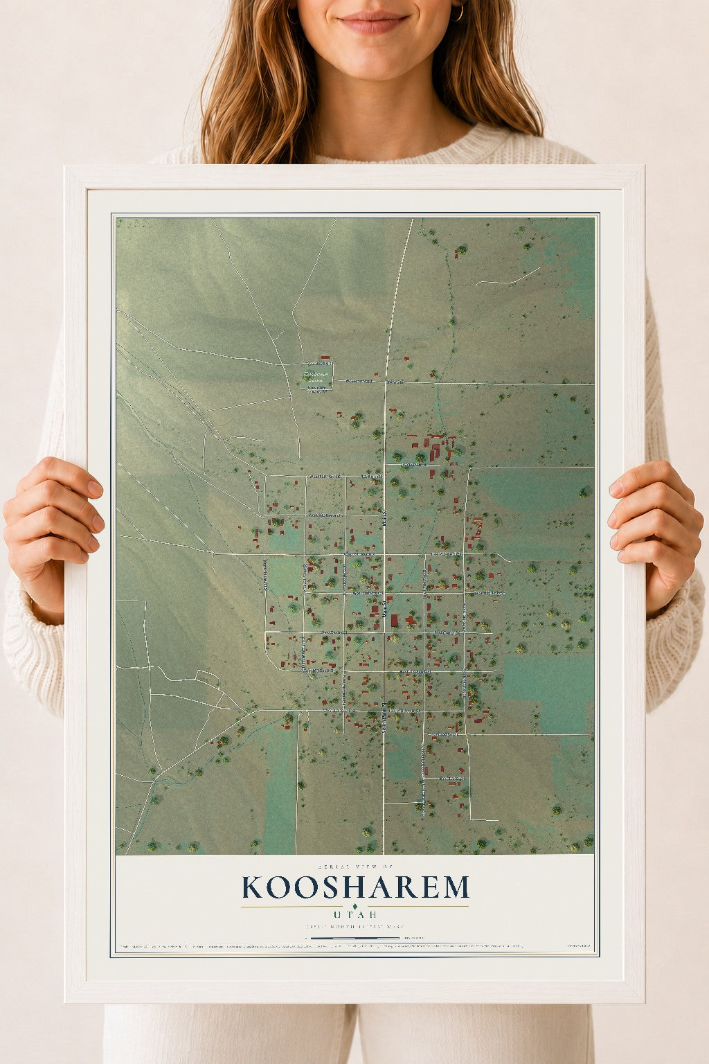 Map of Koosharem, Utah, 18 x 24 inch print in a white wood frame