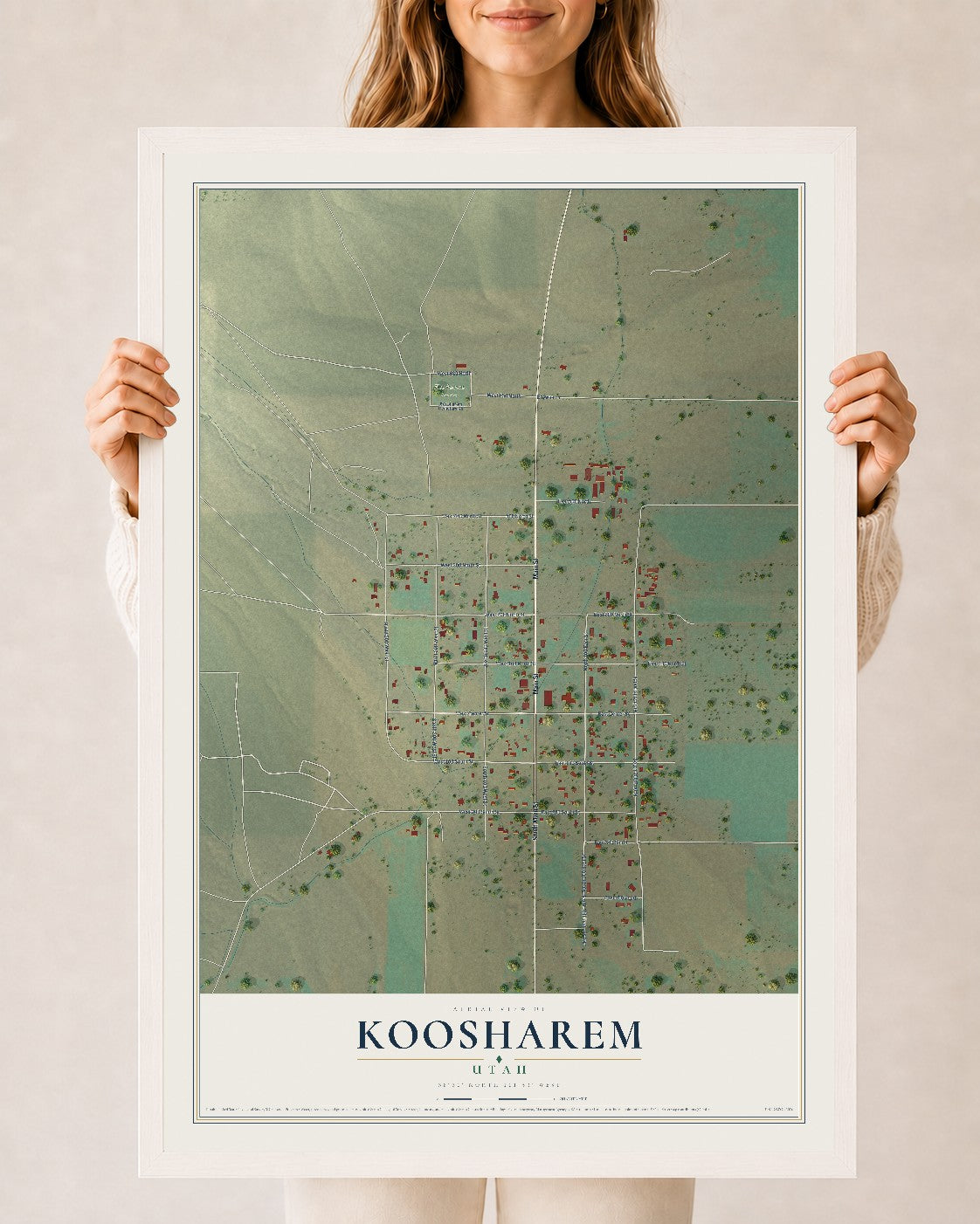 Map of Koosharem, Utah, 24 x 36 inch print in a white wood frame