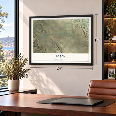 La Sal, Utah map, 18 x 24 inch print in a black frame in a home office